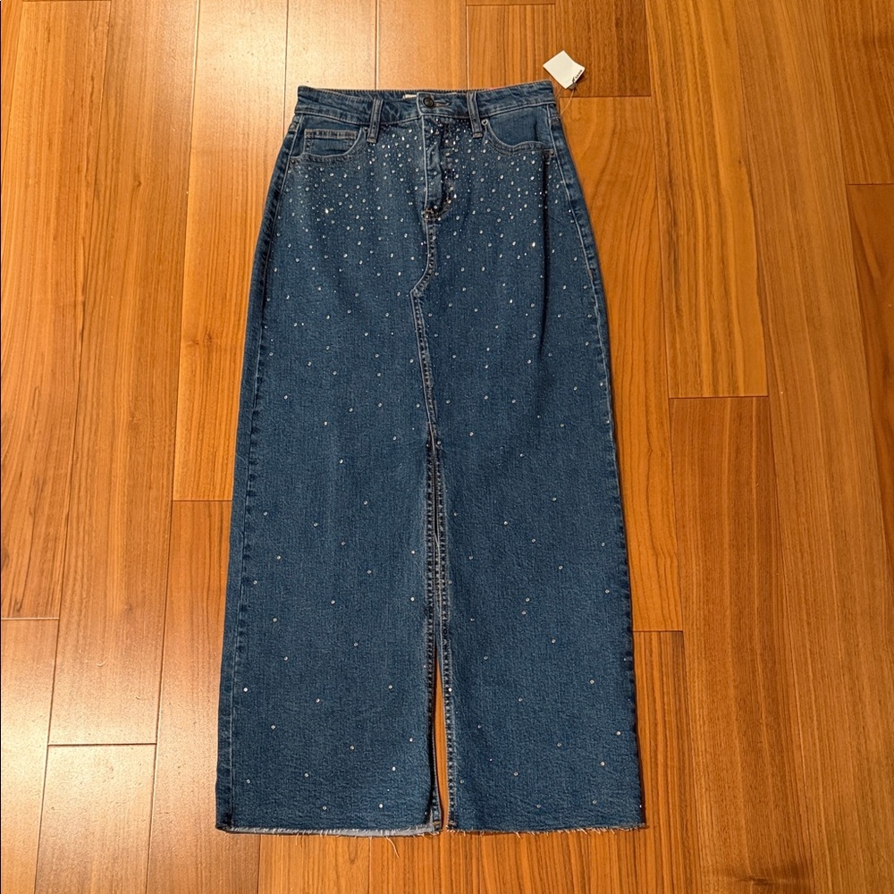 Embellished Blue Denim Maxi Skirt